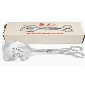 VTG Leonard Silver Mfg. Silverplated Salad Scissors Tongs 9"L Italy wBox 50s-80s